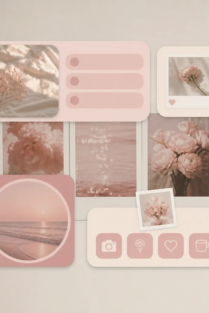 A wallpaper that looks like a row of pink polaroid photos, slightly faded. Widgets are placed on top with rounded rectangles and small photo-frame icons. The colors are pale pink, dusty rose, and cream.