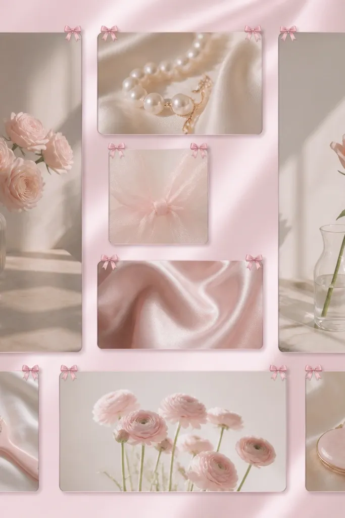 Widgets have small bow icons placed only at the top corners. The wallpaper is light baby pink with a soft satin sheen. Widget cards are semi-matte with a subtle highlight.