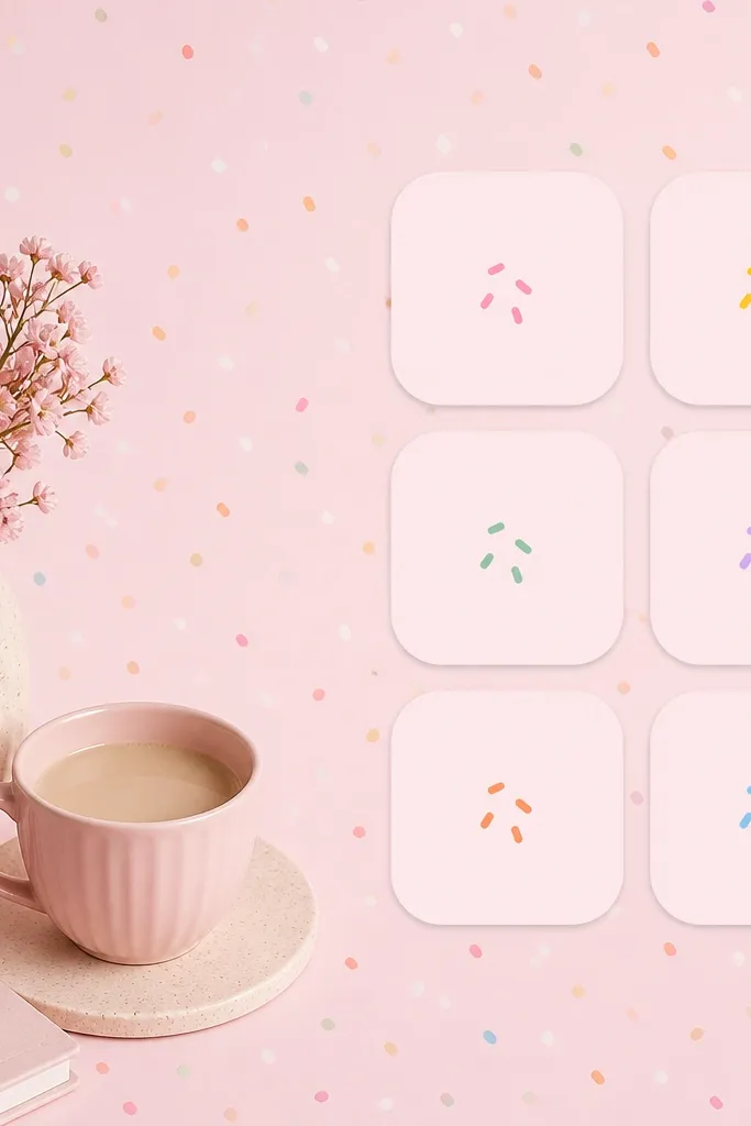 A wallpaper with sprinkle dots across a pale pink base. Widgets show simple stats tiles with tiny sprinkle icons. The widget tiles have rounded corners and a light pink background.