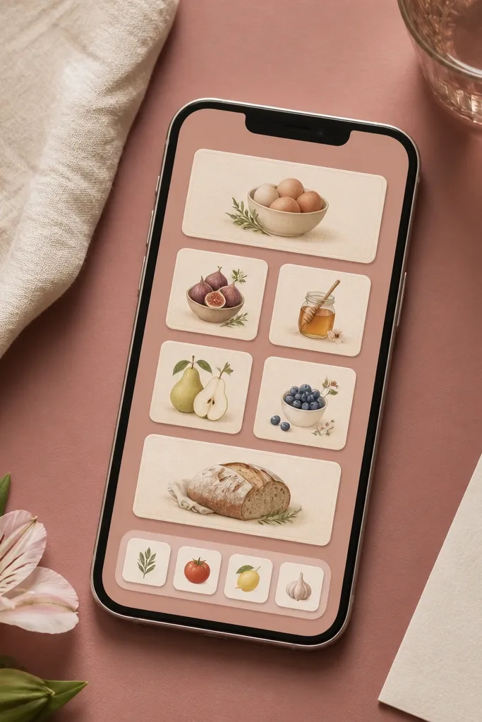 Widget tiles styled like recipe cards: tiny food icons and a faux paper texture background. The wallpaper is dusty rose with cream margins. Widgets have a cream border and soft shadow.