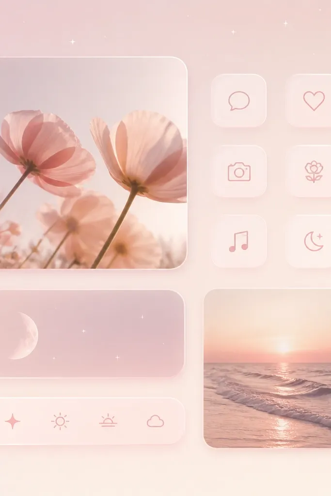 A pale pink to cream gradient wallpaper with faint star specks. Widgets look like glassy rounded rectangles with a soft pink glow. Icons are minimal, in light blush.