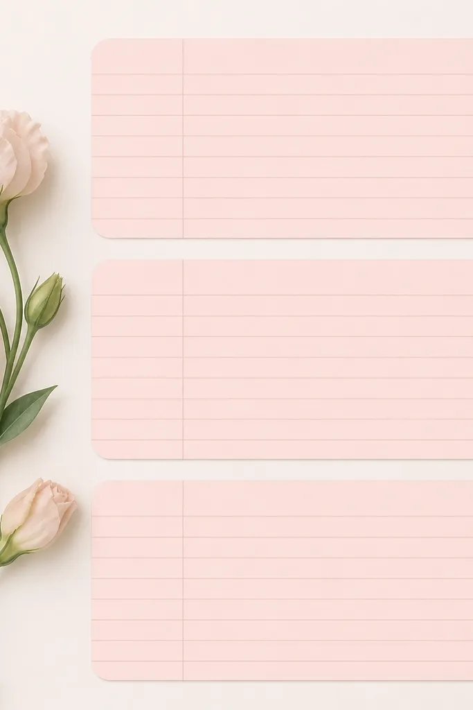 A home screen with three large planner-style blocks. Each widget is a rounded rectangle in pale pink with thin lines like planner paper. The wallpaper is simple, near-white blush.