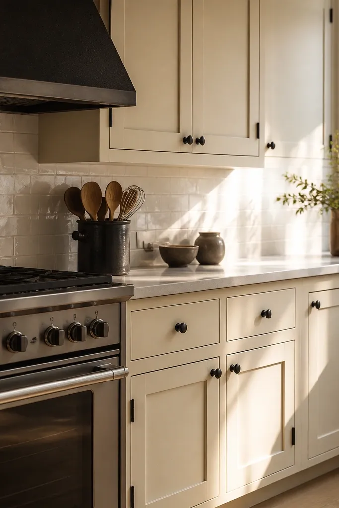 Cream cabinets with black knobs, black stove, and a wood cutting board on light counters