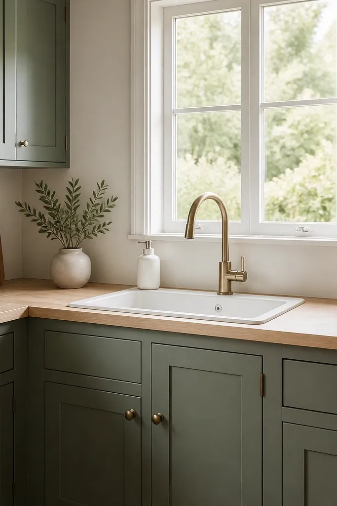 Sage cabinets with light oak counter, a white bowl, and a small plant by the sink