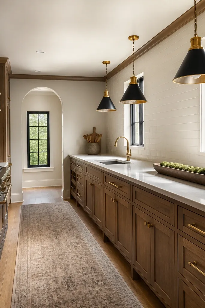 Narrow galley kitchen with a long runner rug and two matching pendants over the counter