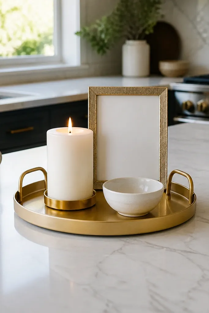 White marble-style counters with a gold tray holding a candle and small decor