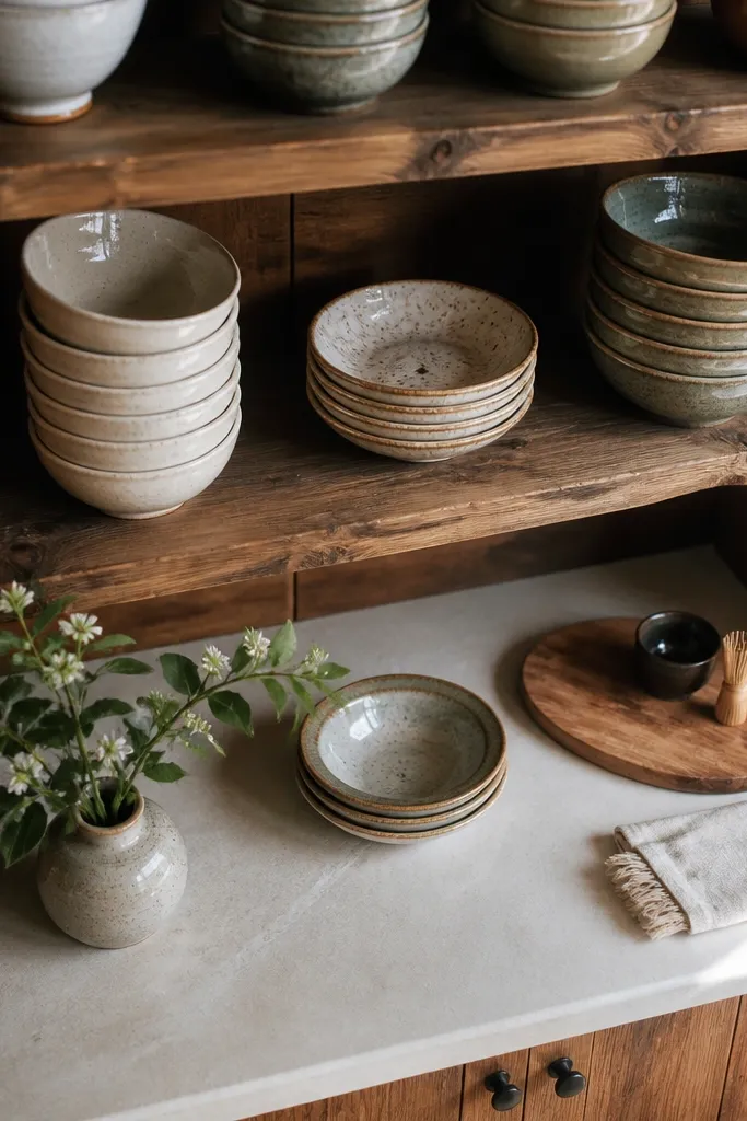 Wood open shelves with stacked ceramic bowls and a small spice jar row