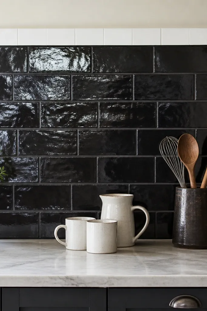 Black backsplash with a neat line of white decor tiles and a white mug set