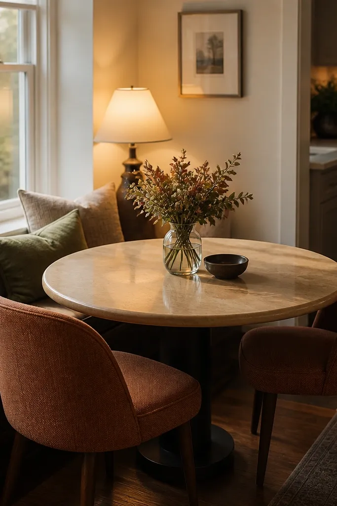 Small round table in the corner with a soft lamp and two chairs in warm tones