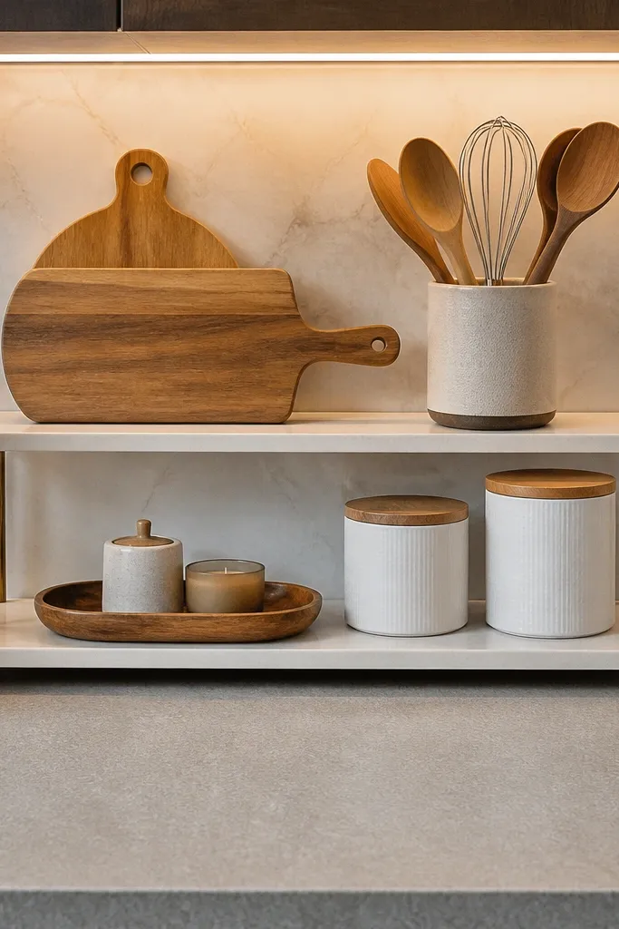Light counters with two stacked organizers and a small under-cabinet lighting effect