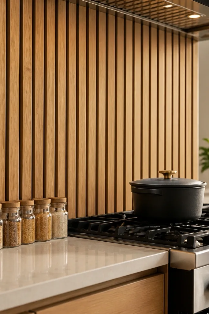 Wood slat wall behind the stove with a neat row of spice jars along the counter