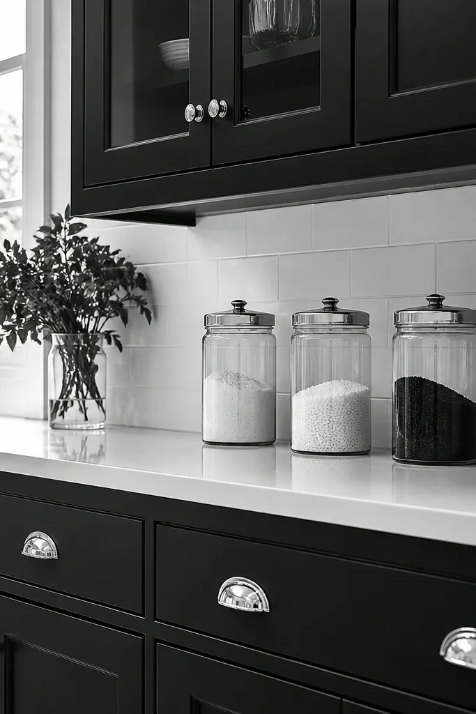 Monochrome black and white kitchen with chrome handles and glass canisters on a long counter