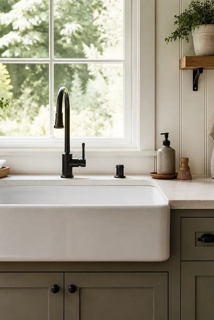Sink under a window with a small shelf above and a hanging towel in a neutral color