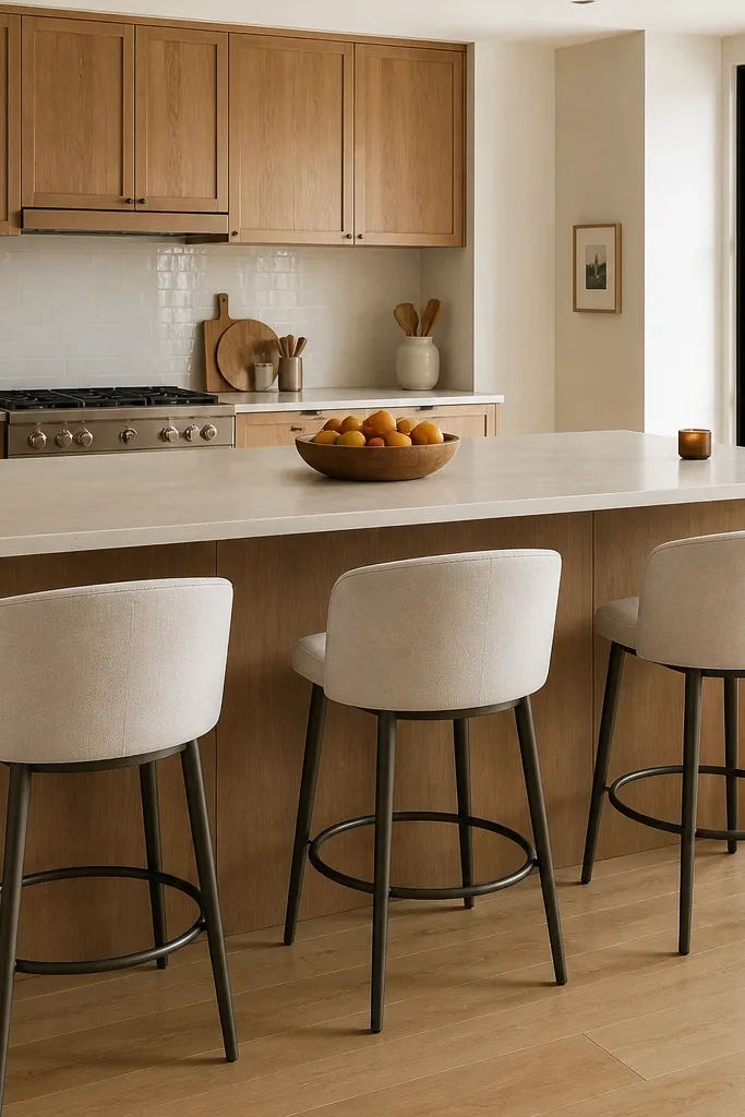 Kitchen bar extension with three stools and a fruit bowl centered on the counter