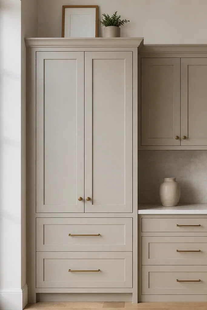 Tall pantry column beside a matching side cabinet, with a small framed decor piece on top