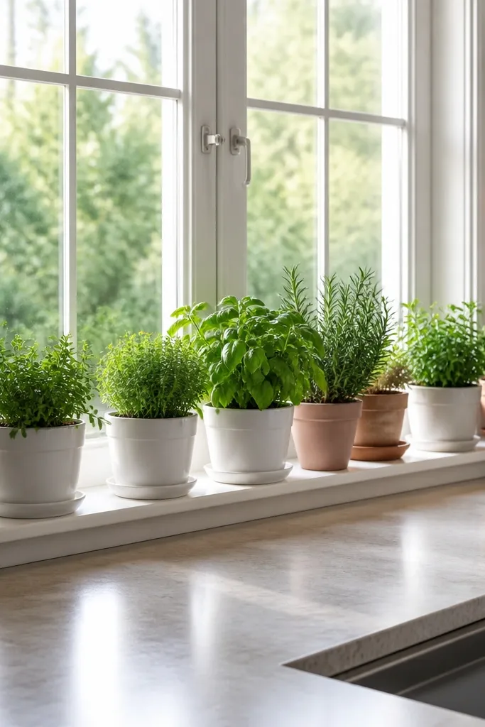Small window box garden with ceramic pots on a ledge and a tidy herb row