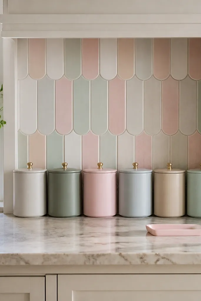 Pastel tile accent backsplash with pastel canisters lined up and a small pastel tray