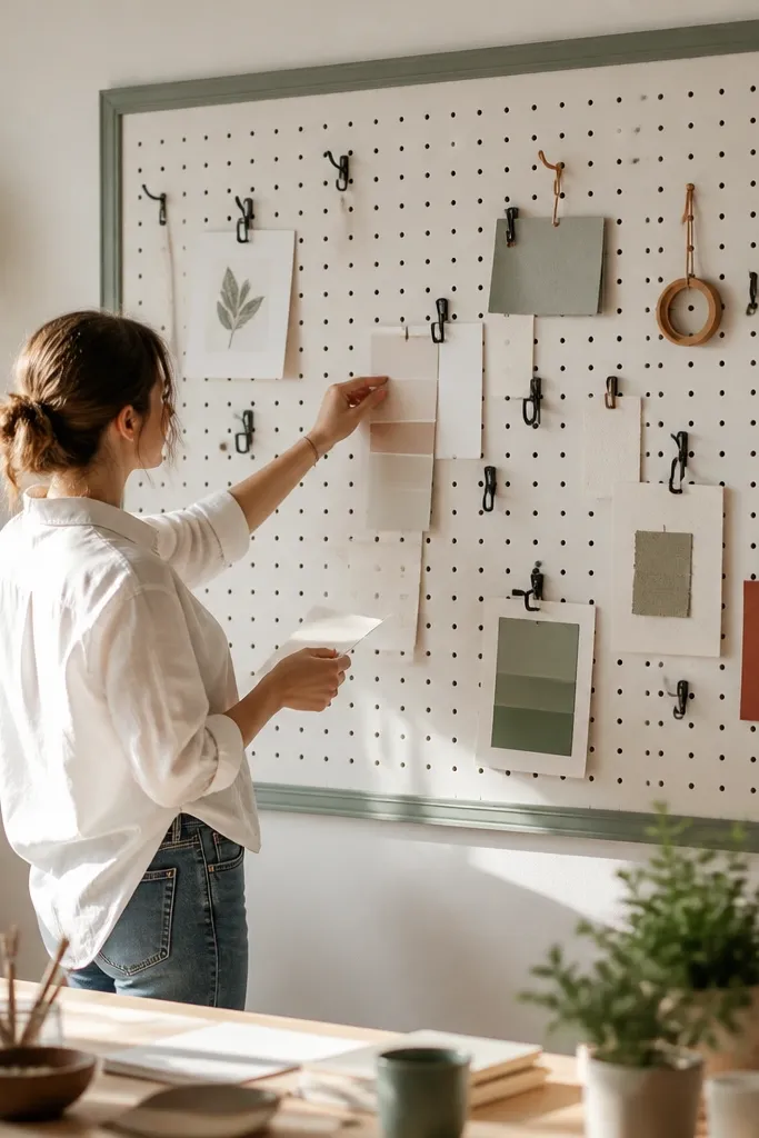 White pegboard framed in sage green with small hooks holding craft tools