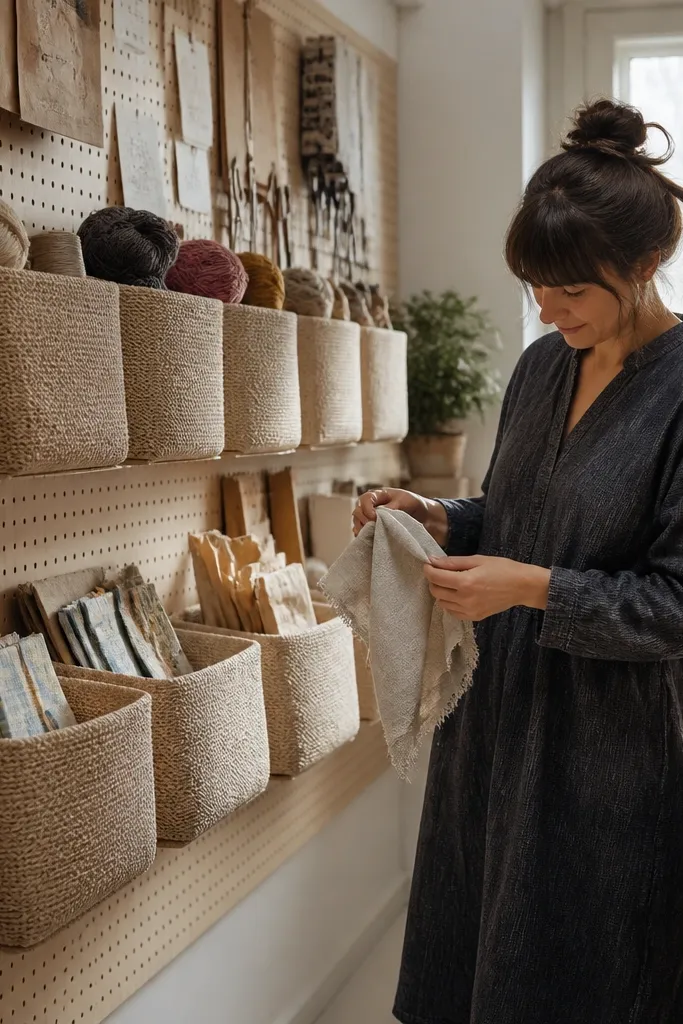 Woven fabric baskets mounted low on a cream wall with yarn peeking out