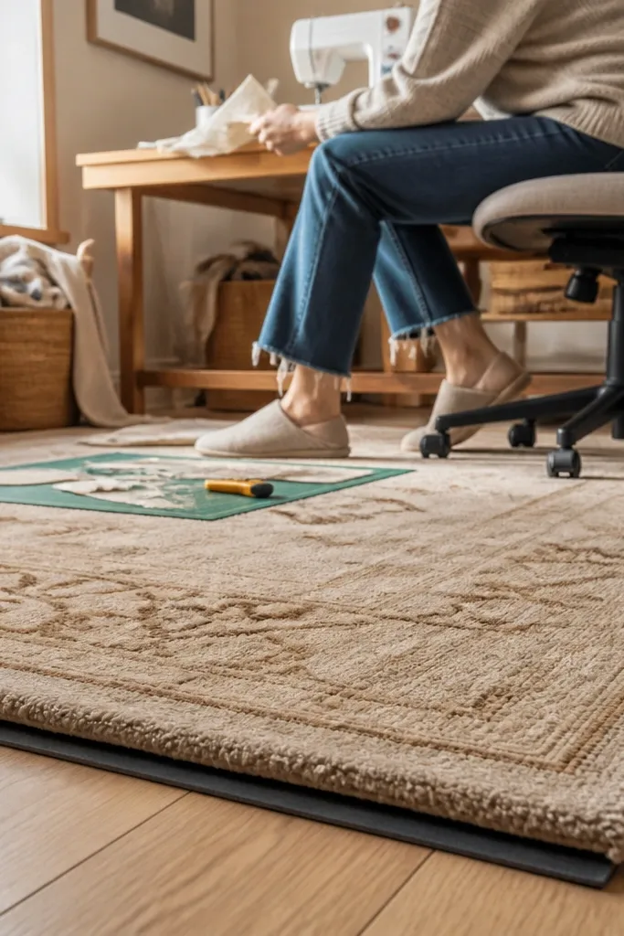 Warm neutral runner rug under a craft desk with a thin rubber pad visible at edges