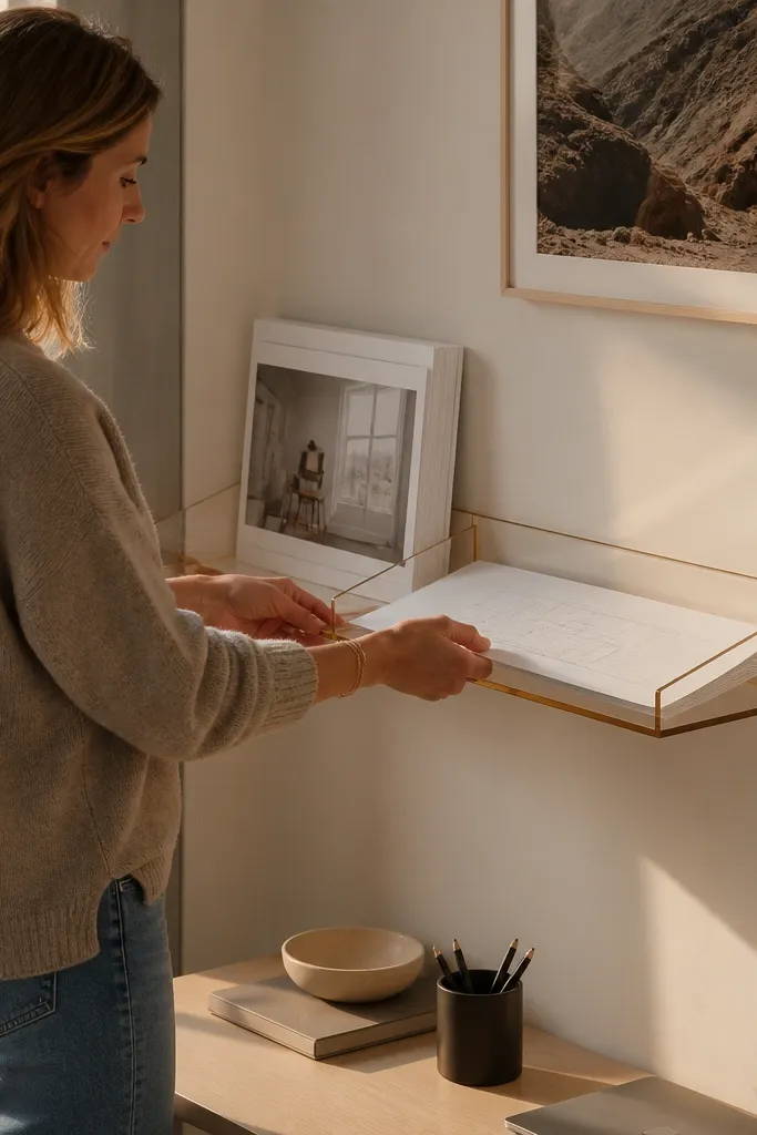 Wall-mounted wood ledge holding flat paper stacks in two slim file trays