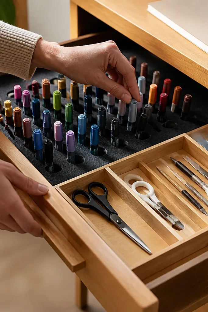 Open drawer with two-tone organizer inserts holding markers, scissors, and craft tools