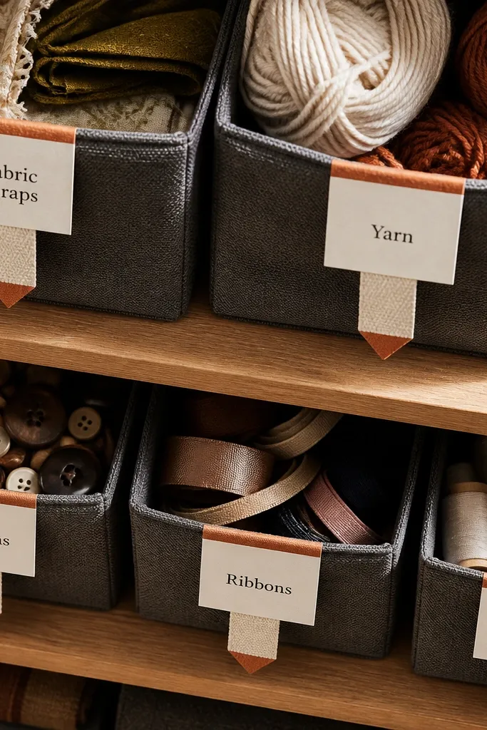 Linen-textured label flags on bins with black and terracotta lettering