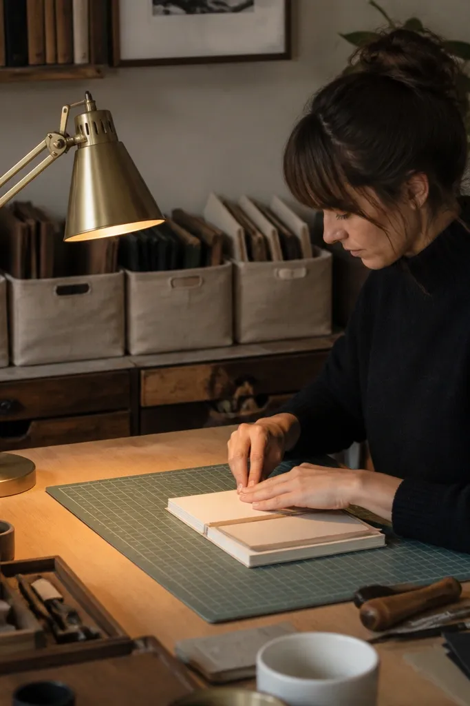 Swing-arm lamp with warm light aimed at a craft desk and cutting area