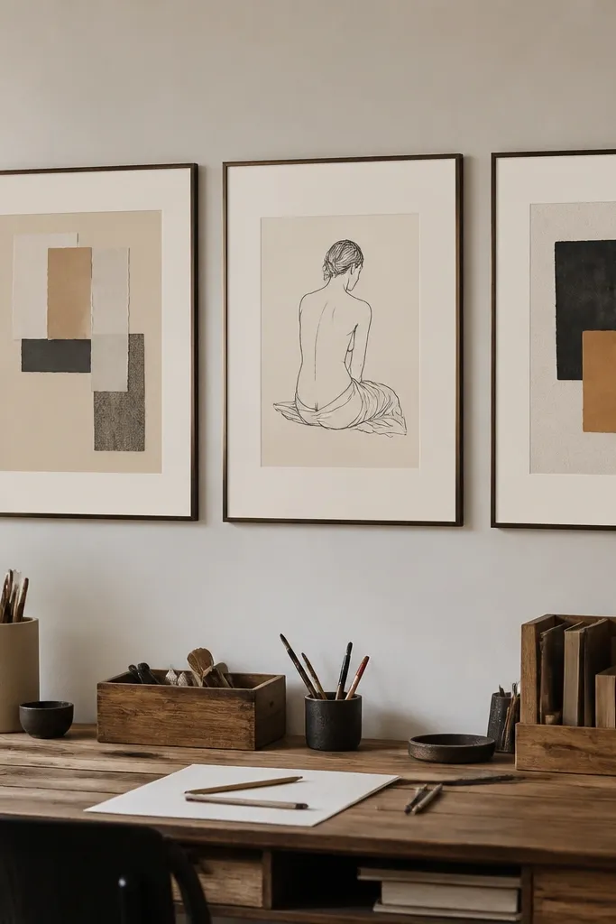 Three matching frames with warm white mats above a craft desk with small art prints