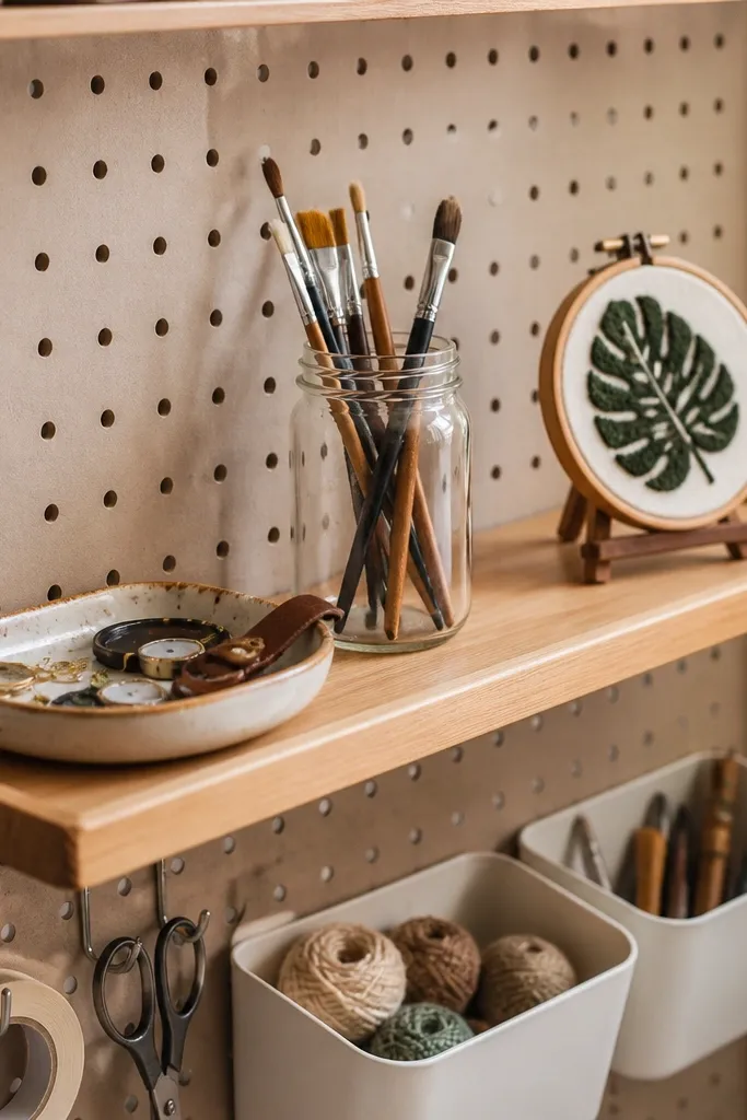 Pegboard with a small wooden shelf holding finished items and a few labeled bins