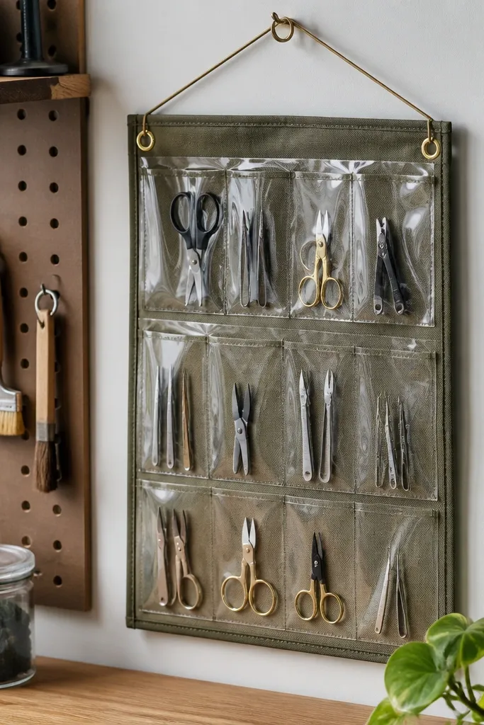 Clear hanging organizer with fabric backing showing scissors, rulers, and tape labels