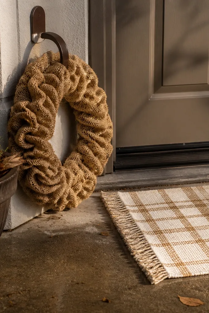 Burlap wreath on a front door with a cream plaid doormat