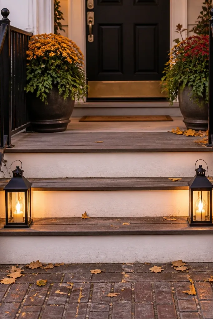 Two black lanterns on front steps with amber lights