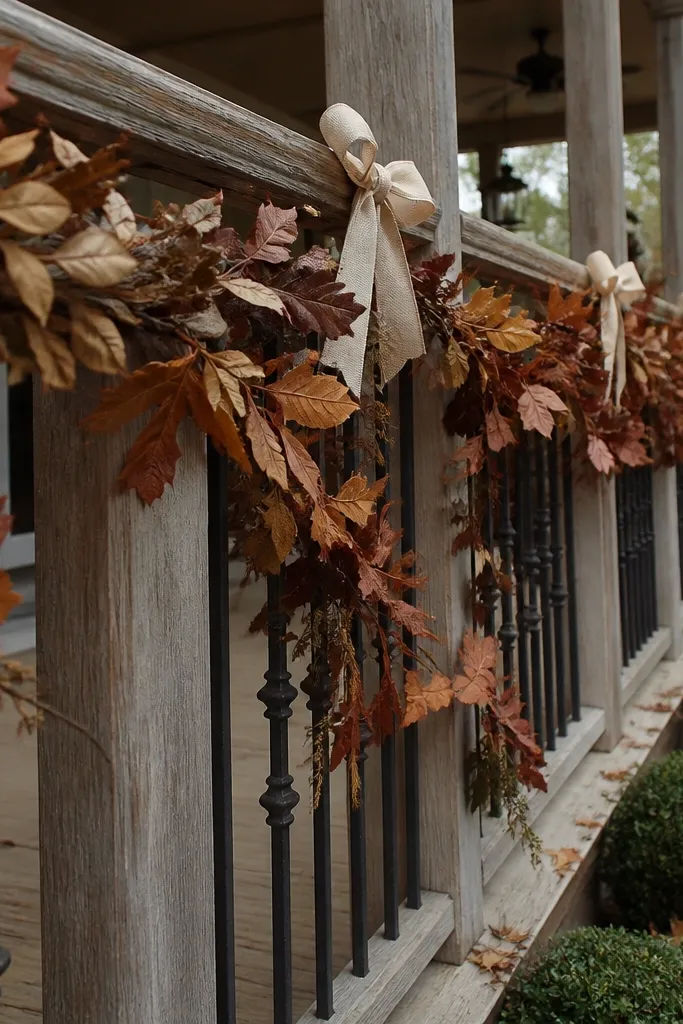 Autumn garland along porch railing with matching ribbon bows