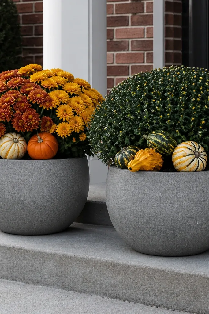 Two step planters with mini pumpkins and fall mums