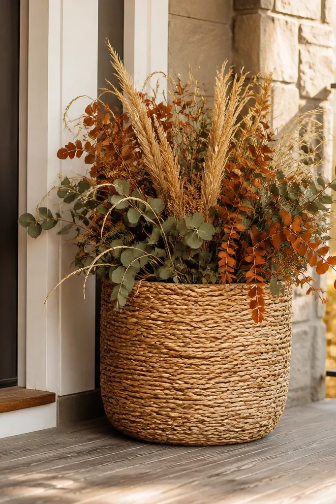Woven basket filled with faux fall stems by a porch corner