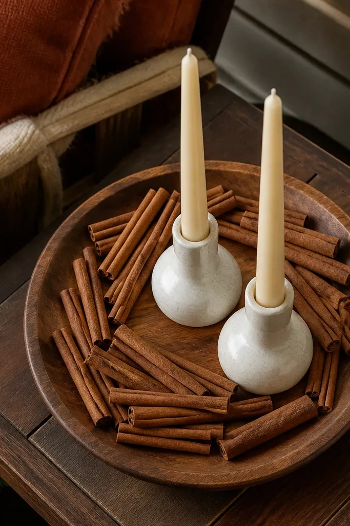 Wood tray with taper candles and cinnamon sticks near the front door