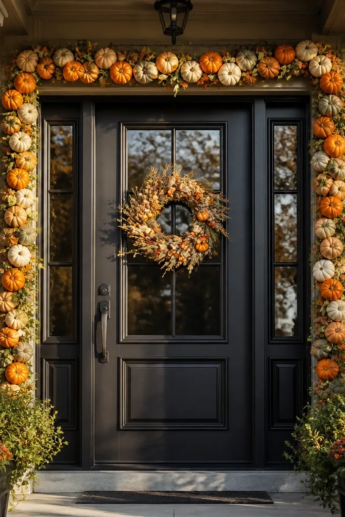Pumpkin garland draped across a front doorframe