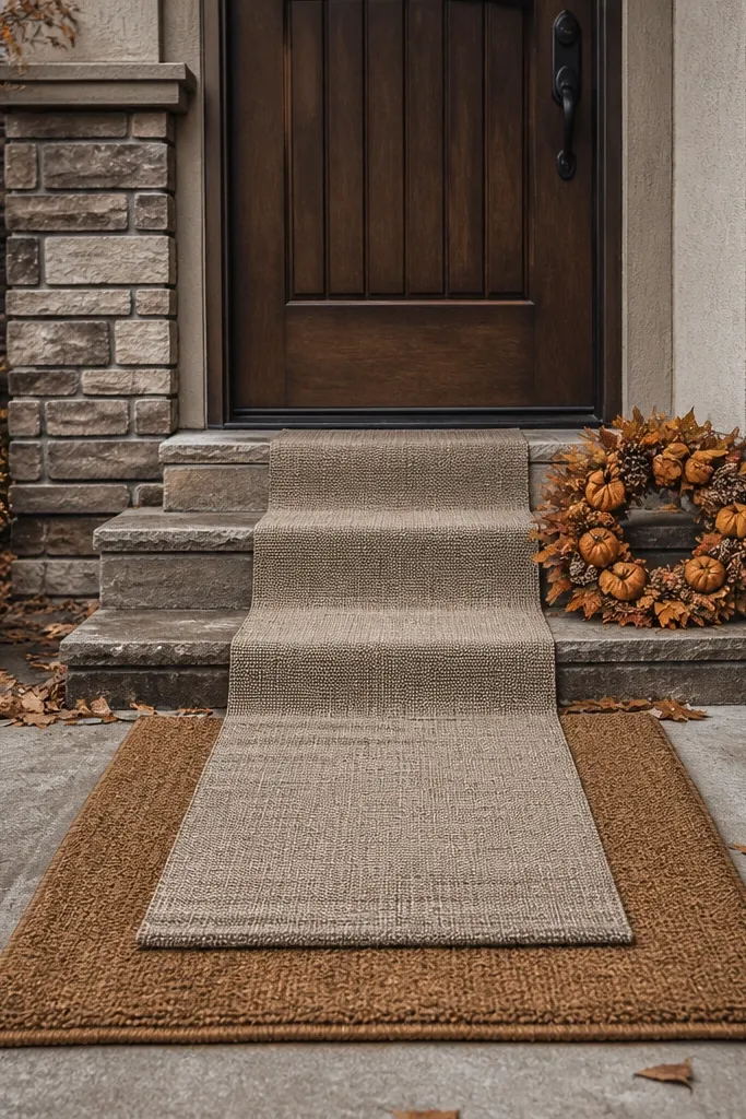 Coir doormat with outdoor runner and a small wreath at the step