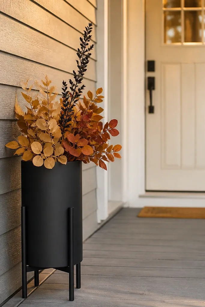 Tall slim planter with warm faux leaves on a porch near the door