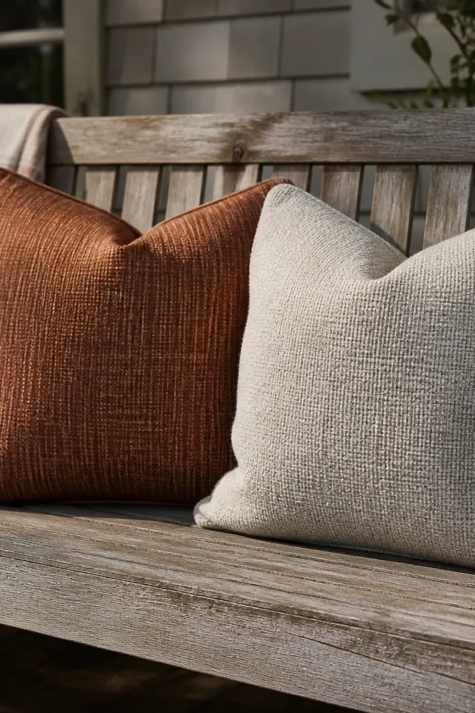 Rust and oatmeal throw pillows on a porch bench by the front door