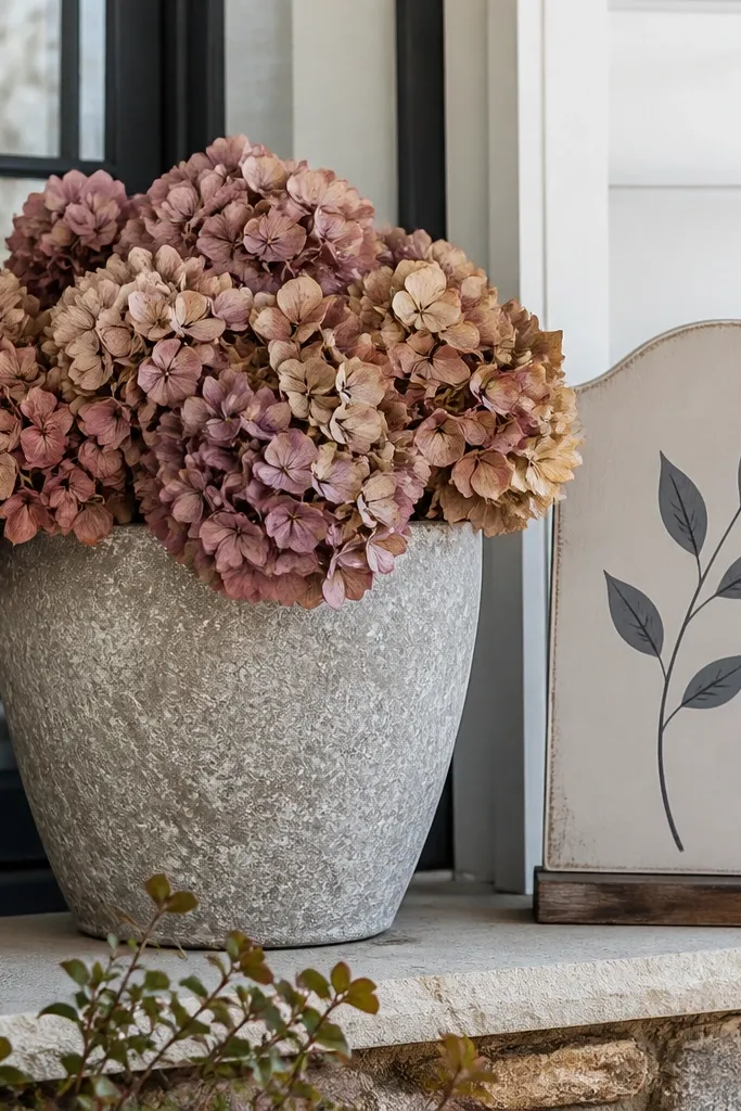 Stone-look pot with dried hydrangea heads and a small autumn sign