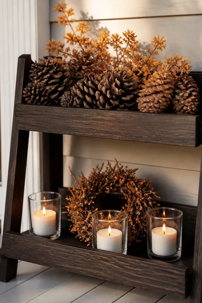 Two-tier porch shelf with pinecones, votive candles, and a mini wreath