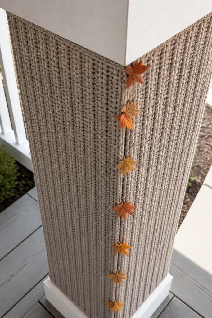 Neutral knit runner wrapped around porch post with faux leaf clips