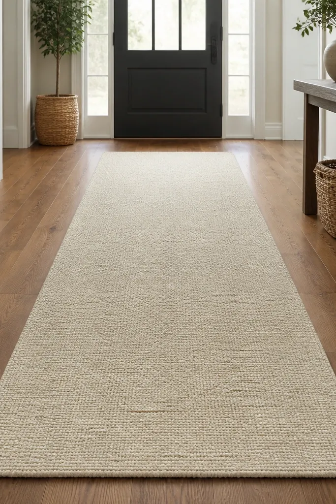 Long narrow foyer with a warm neutral runner and visible floor edges