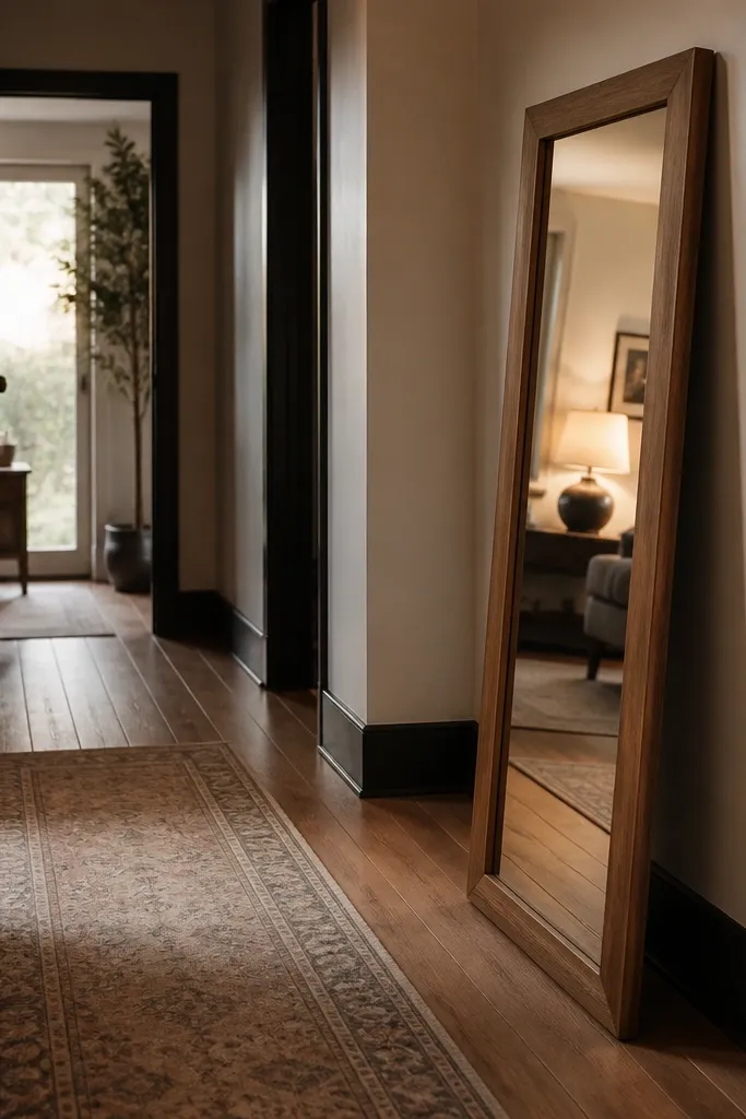 Tall arched mirror above a slim console in a long foyer