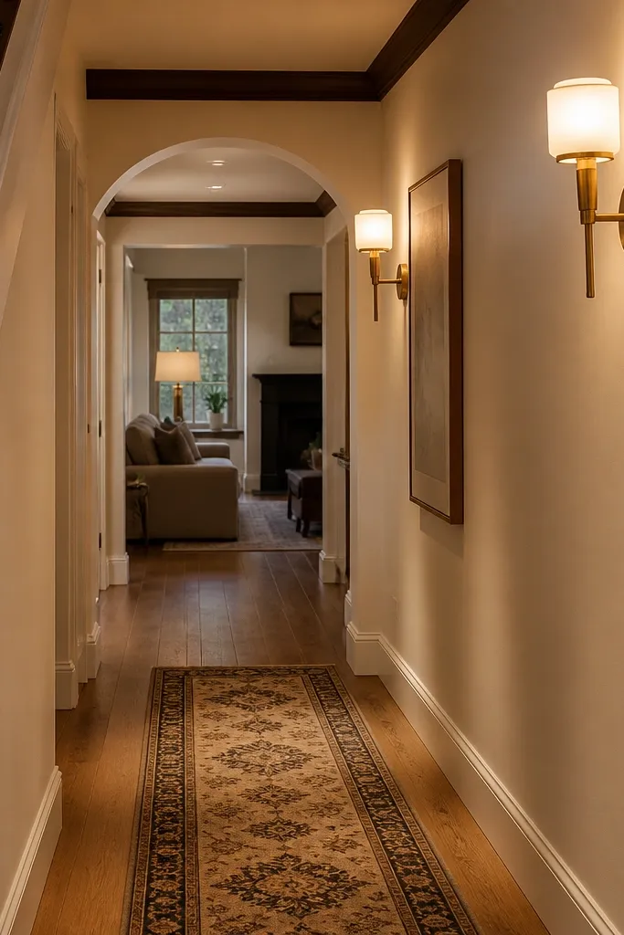 Warm brass sconces on both sides of a long hallway wall