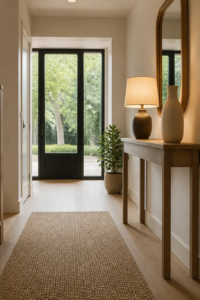 Slim console table with a lamp and decor on a long foyer wall