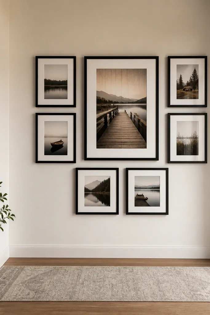 Long foyer wall with framed art spaced evenly above a runner