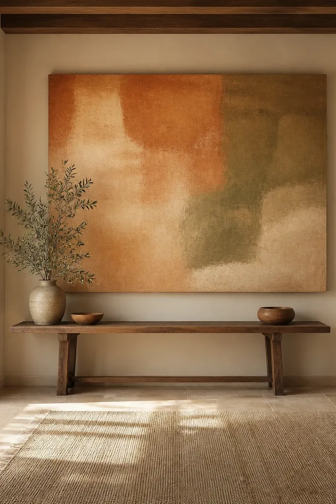 One large abstract painting on the wall of a long foyer